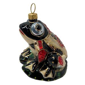 Hand-Painted Glass Frog Ornament With Gold Green & Red Accents